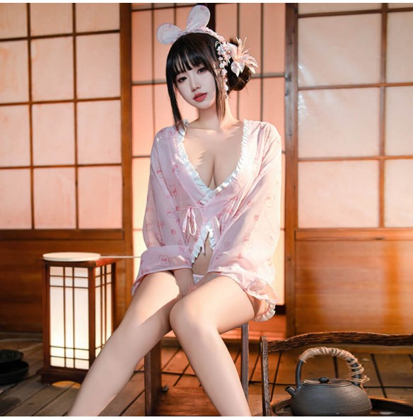 FEE ET MOI - Playful Bunny Print Kimono Robe (Pink - White) FEE ET MOI - Playful Bunny Print Kimono Robe (Pink - White)